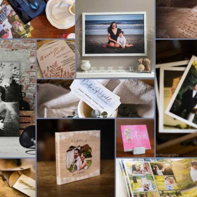 A collage of photographs and wedding invitations. Highlights include framed couple portraits, a beach photo, and a rustic wooden box holding printed photos. The tone is warm and nostalgic.