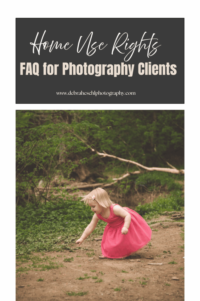 Alt text: "A flyer titled 'Home Use Rights FAQ for Photography Clients' with a website link. Below, a little girl in a pink dress joyfully explores a wooded area."