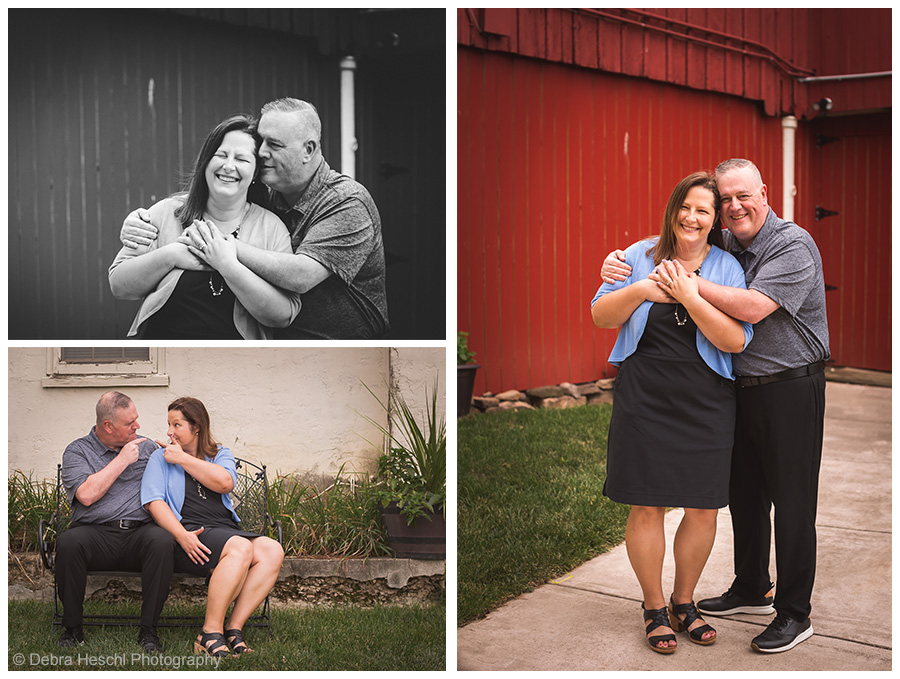 Candid couple portraits from an anniversary photo session, featuring a black and white embrace, a playful bench moment, and a hug in front of a red barn.
