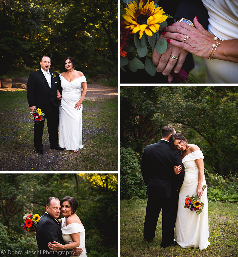 Bride and groom portraits in the woods paired with a close-up of their wedding rings and a sunflower bouquet.