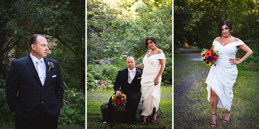 Solo groom portrait, couple seated on a rock, and bride walking a wooded path in her wedding gown.