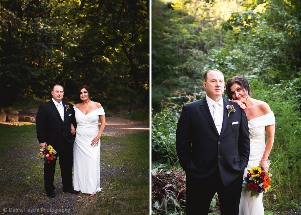 Formal bride and groom portraits in soft evening light among the trees at Cutillo's Restaurant wedding venue.