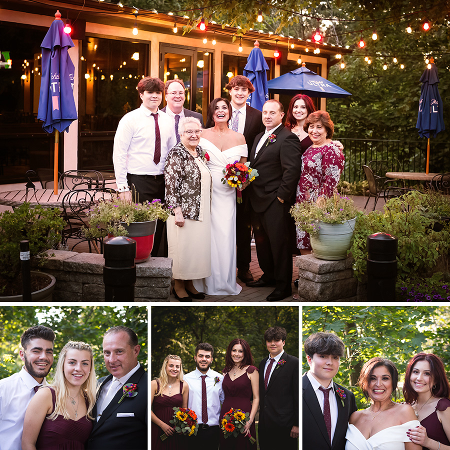 Extended family portrait under string lights on the patio at Cutillo's Restaurant with close-up shots of the bridal party.