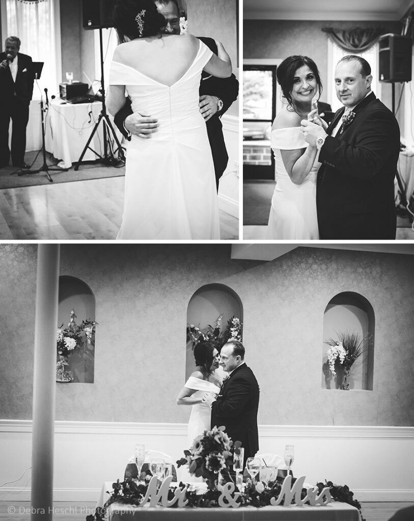 Black and white photos of bride and groom sharing their first dance at Cutillo's Restaurant reception.