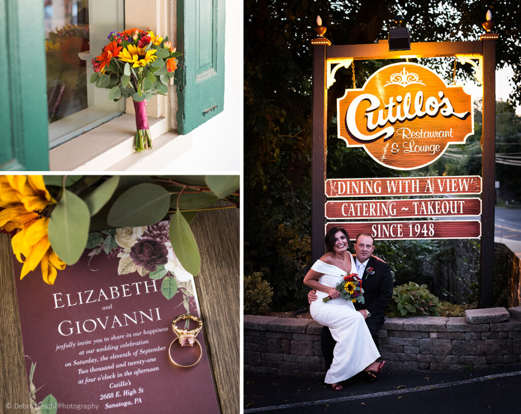 Wedding bouquet in window, Elizabeth and Giovanni invitation with ring, and newlyweds posing beneath the Cutillo's Restaurant sign.