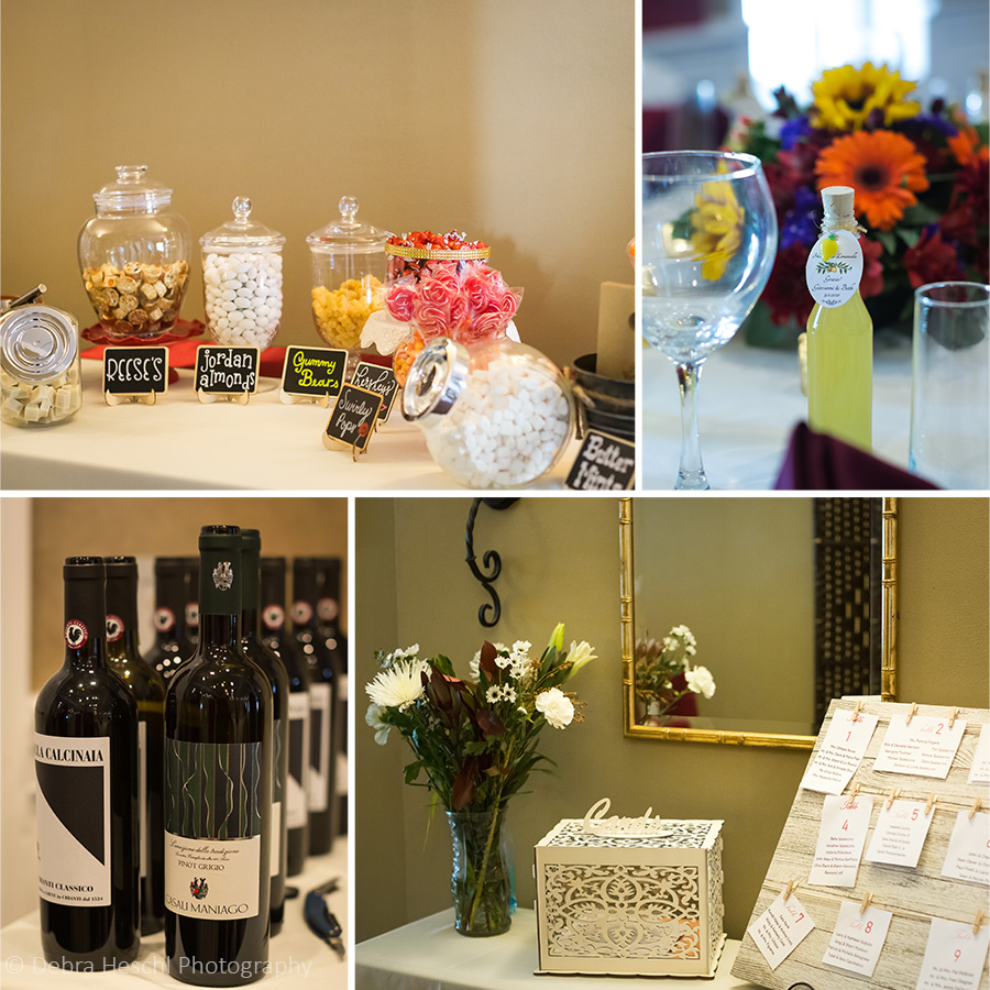 Wedding reception details including a candy buffet, wine bottles, favor bottle, and wooden escort card display at Cutillo's Restaurant