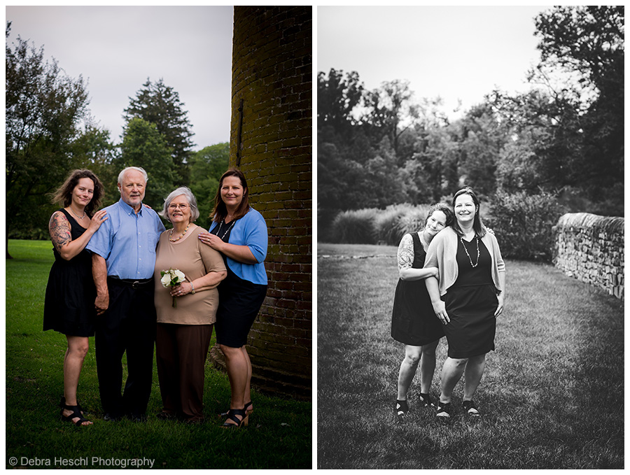 Family portrait collage from an anniversary vow renewal session, including a color group photo by a brick wall and a black and white embrace between sisters, Blue Bell, PA.