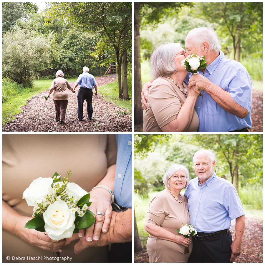 Collage of an elderly couple's vow renewal photos, including a kiss over a white rose bouquet, a close-up of joined hands, and a portrait on a wooded path.