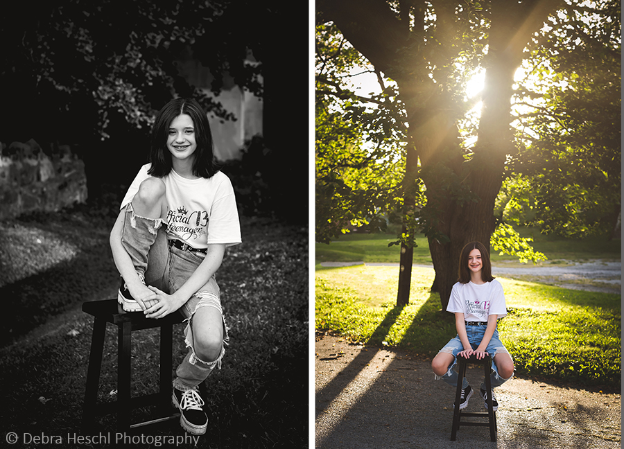 13-year-old girl in an Official Teenager shirt sitting on a stool in golden hour sunlight and a black and white portrait in Bridgeport, PA.