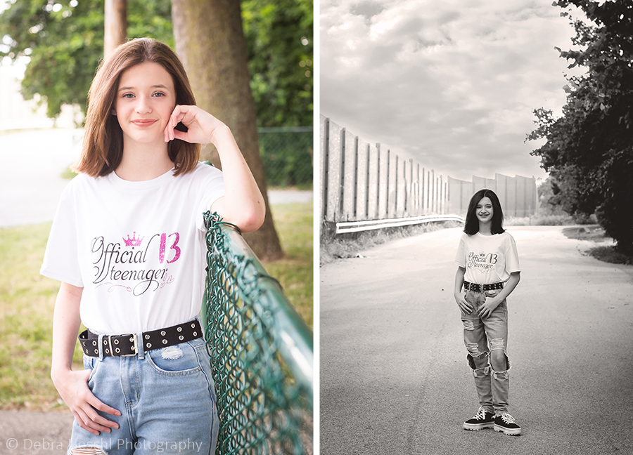 Close-up portrait of smiling 13-year-old girl in Official Teenager shirt leaning against stone wall for birthday photos in Bridgeport PA