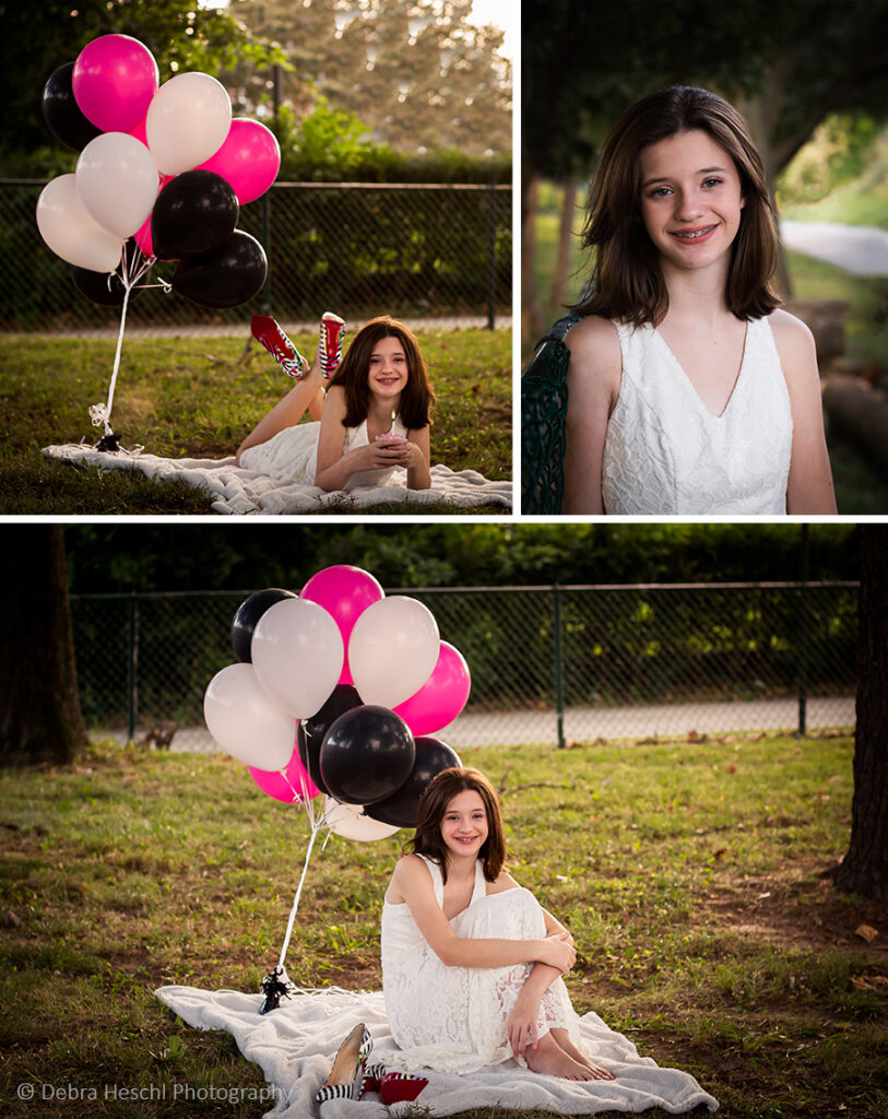 Teen girl lying on a blanket and sitting with pink black, and white balloons during 13th birthday photo session in Bridgeport, PA.