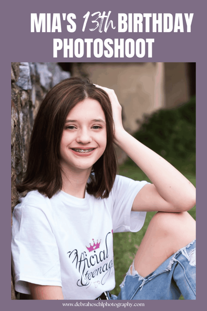 Teen girl posing outdoors during a golden hour 13th birthday photo session with warm sunlight, casual outfit, and natural park setting.
