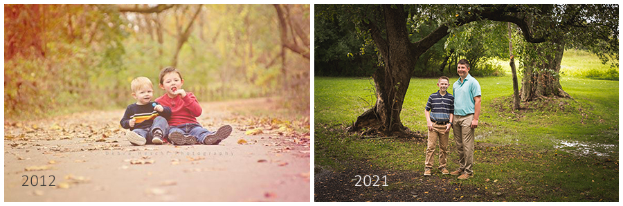 Side-by-side comparison photo of two brothers as young boys in 2012 and again as teenagers in 2021, showing their growth over the years.