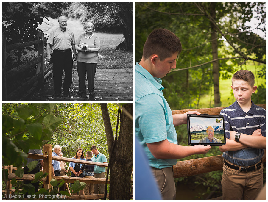 Family session photos on a wooden bridge, including a black and white couple portrait and two boys video calling a grandparent on a tablet.