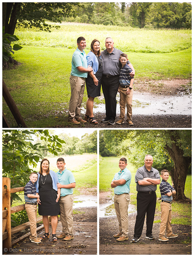 Outdoor family portrait collage showing a family of four in an open field, a mother with her sons by a fence, and three generations of men on a wooden bridge.