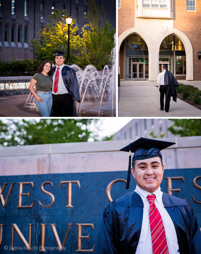 A collage of Will, the one of the right is Will with his beautiful girlfriend, the photo on the top right is Will walking away with his cap on & gown draping over his shoulder. The bottom phot is Will in front of the West Chester University sign posing in front of a photo.