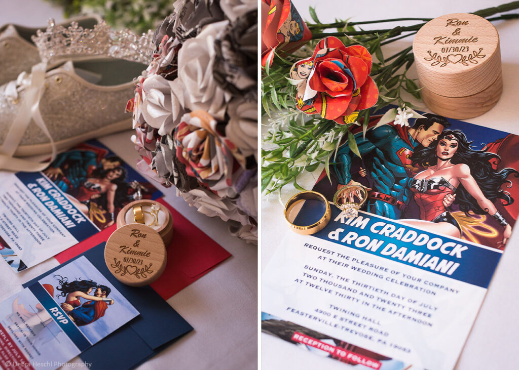Superman & Wonder woman designed wedding invitations with the wedding rings, paper bouquet, keds shoes & a round ring box with Kim & Ron's name on it,