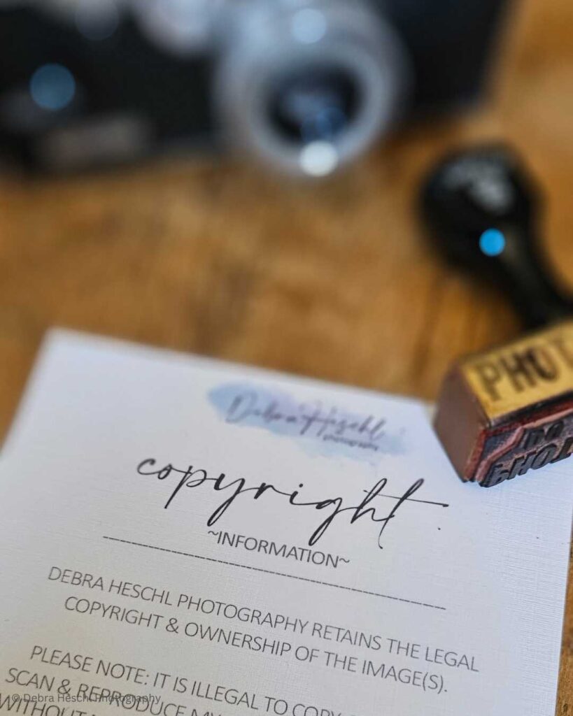 Blurred image of a camera and a rubber stamp on a wooden surface, with clear focus on a copyright information sheet, emphasizing ownership details.