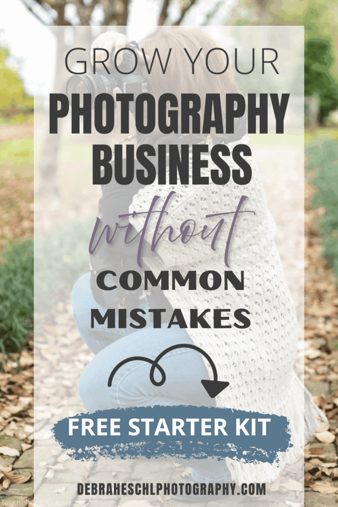 A woman kneels outdoors, taking a photo in a leafy setting. Text overlay reads "Grow your photography business without common mistakes. Free starter kit."