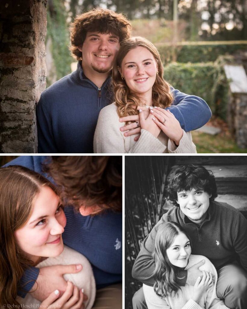 A couple poses outdoors in three images. The first shows them smiling and embracing, highlighting a woman's engagement ring. The tone is affectionate and joyful.