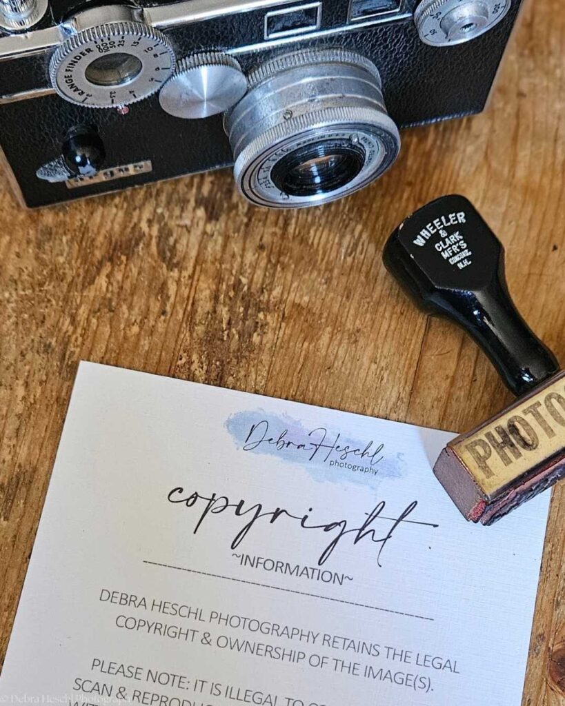 Vintage camera and stamp on wooden surface next to a copyright information sheet. The tone is classic and professional, emphasizing photography's legal aspects.