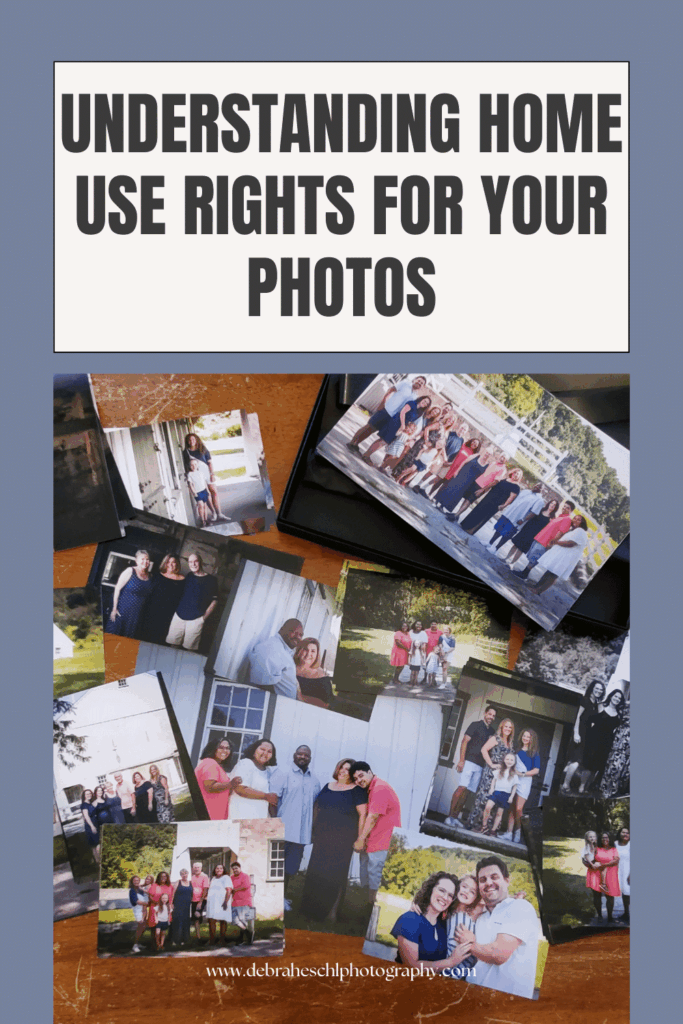 A sign reads "Understanding Home Use Rights for Your Photos" above a collection of family photos scattered on a wooden surface, evoking a warm, sentimental tone.