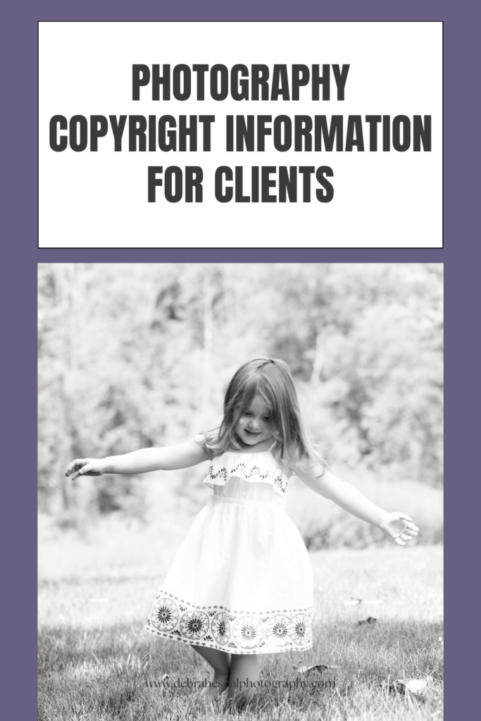 Black-and-white image of a young girl joyfully playing in a grassy field. She's in a white dress with floral patterns. Background is softly blurred. Top text reads: "Photography Copyright Information for Clients."