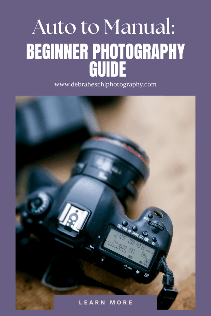 Photography guide cover titled 'Auto to Manual: Beginner Photography Guide' with an image of a DSLR camera on a wooden surface. The tone is educational.