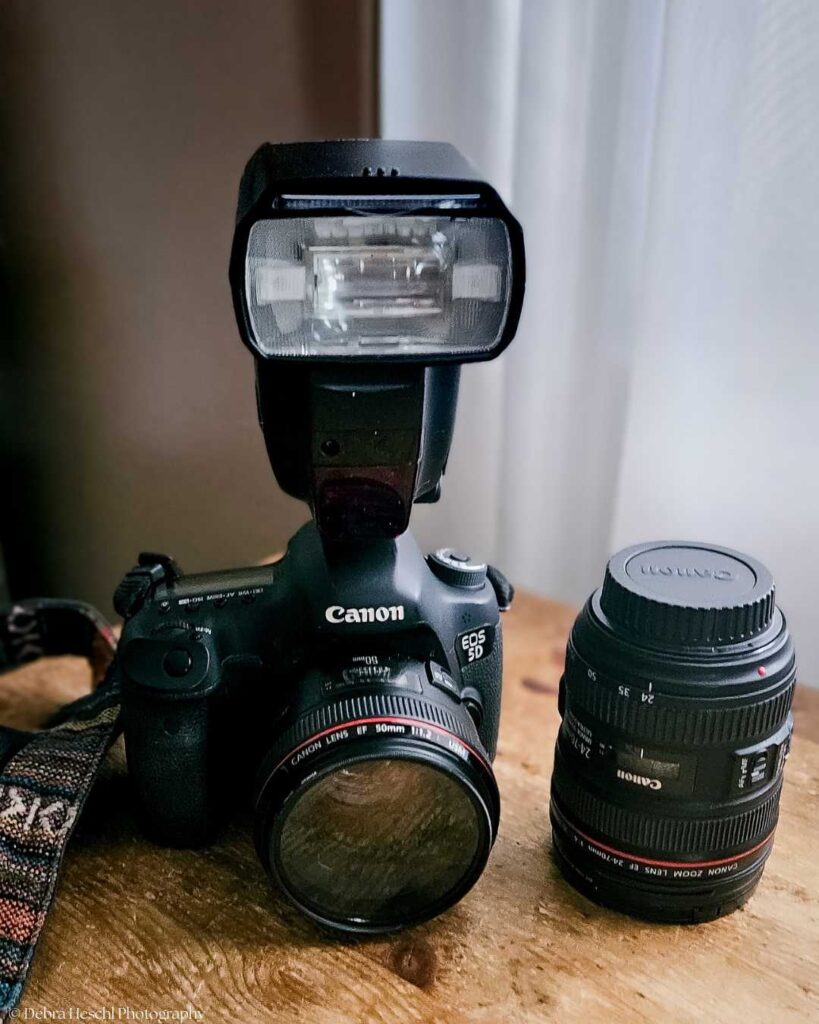 Canon DSLR camera with external flash and lenses for a photography setup