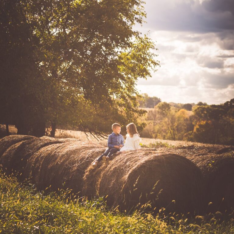 Two children sit on large hay bales in a sunlit, rural field. A tree and cloudy sky form the backdrop, creating a warm, serene atmosphere.