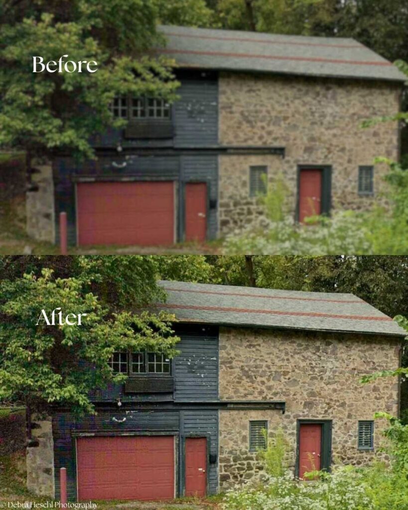 Before and after images of a rustic stone building with red doors. The "before" shows worn paint, while the "after" depicts a fresh, vibrant look.