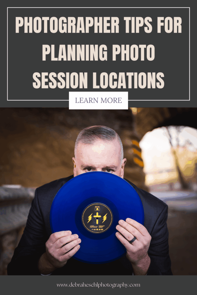 Man in a suit holds a vibrant blue record partially covering his face. Background shows an outdoor setting with an archway. Text above reads "Photographer Tips for Planning Photo Session Locations."