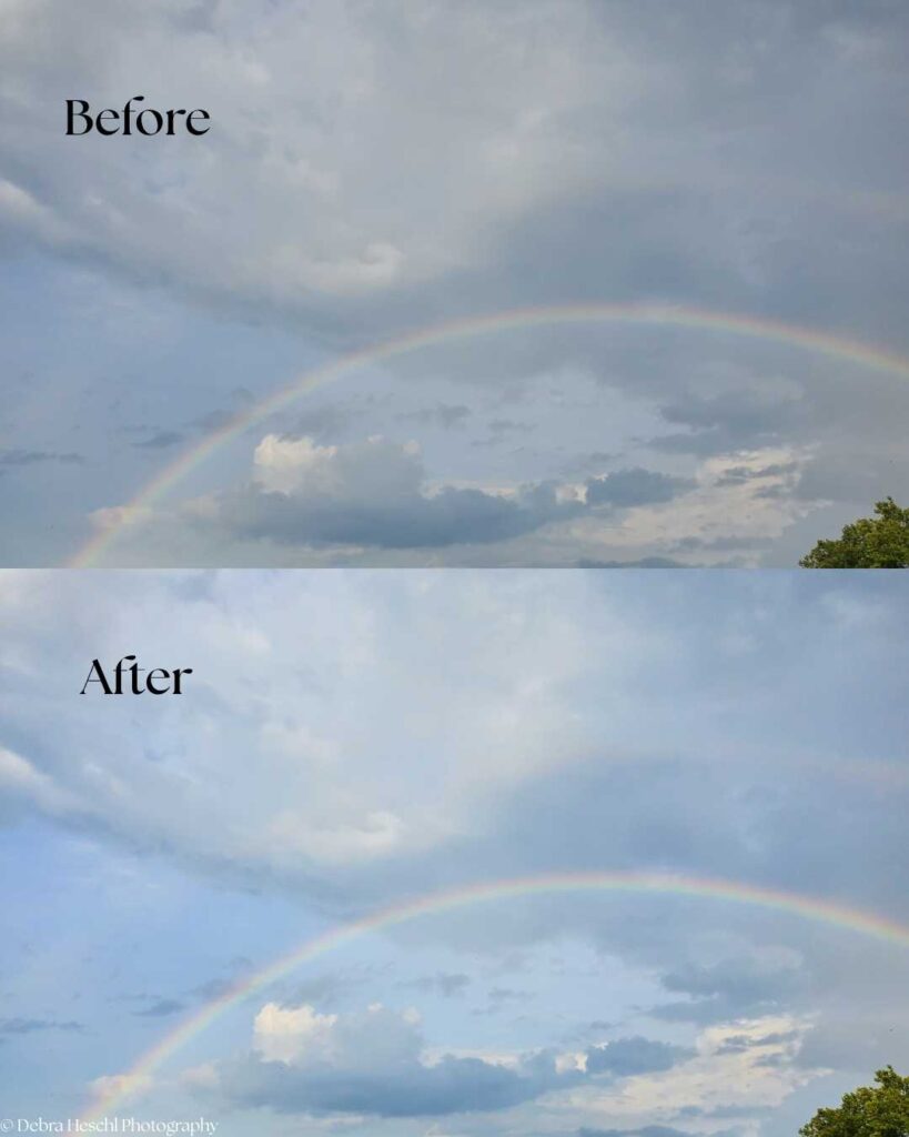 Split image comparison labeled "Before" and "After" shows a rainbow in a cloudy sky. The "After" image is brighter, enhancing the rainbow's vividness.