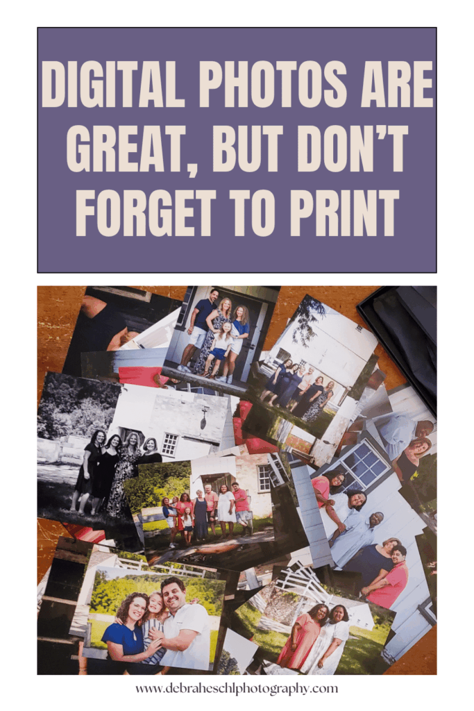A collage of printed family photos is spread out on a table beneath text that reads, "Digital photos are great, but don't forget to print."