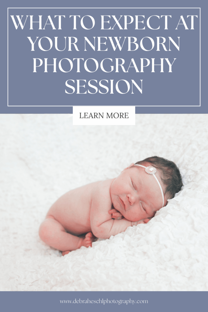 Newborn photography session flyer featuring a sleeping baby on a white textured blanket, wearing a delicate headband. Calm and serene atmosphere.