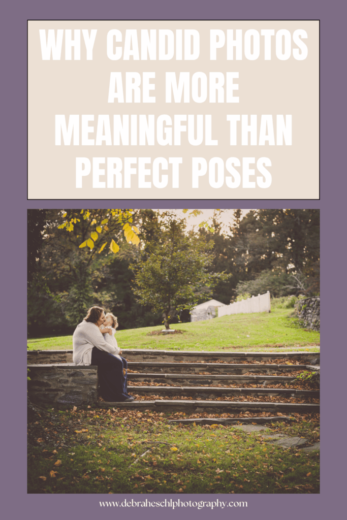 A person and child sit on stone steps in a park, surrounded by autumn leaves and trees. Text reads, “Why candid photos are more meaningful than perfect poses.” Calm atmosphere.