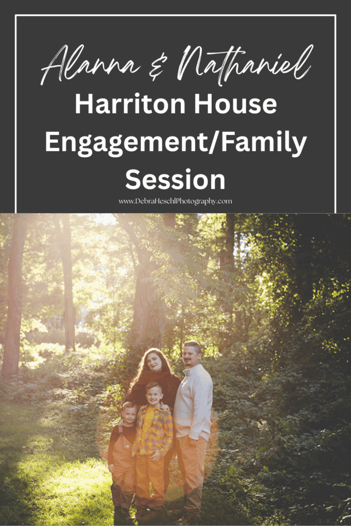 Family stands together in a sunlit forest during an engagement photo session, conveying warmth and happiness. Trees and foliage surround them.