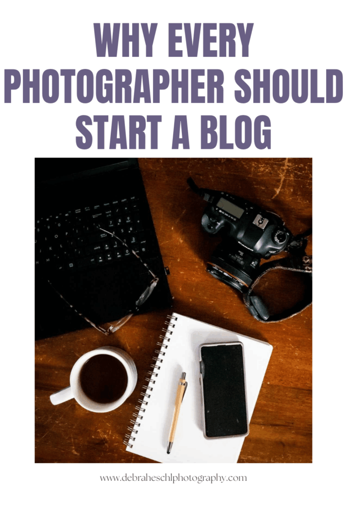 Flat lay of a workspace with a camera, laptop, notebook, and coffee on a wooden table. The text above reads, "Why Every Photographer Should Start a Blog." The scene conveys creativity and inspiration.