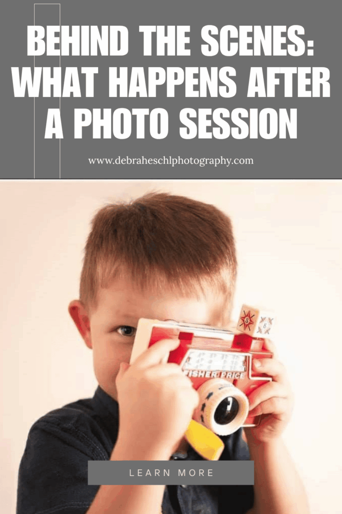 Young child playfully holds a toy camera to their eye. Above, large text reads "Behind the Scenes: What Happens After a Photo Session."