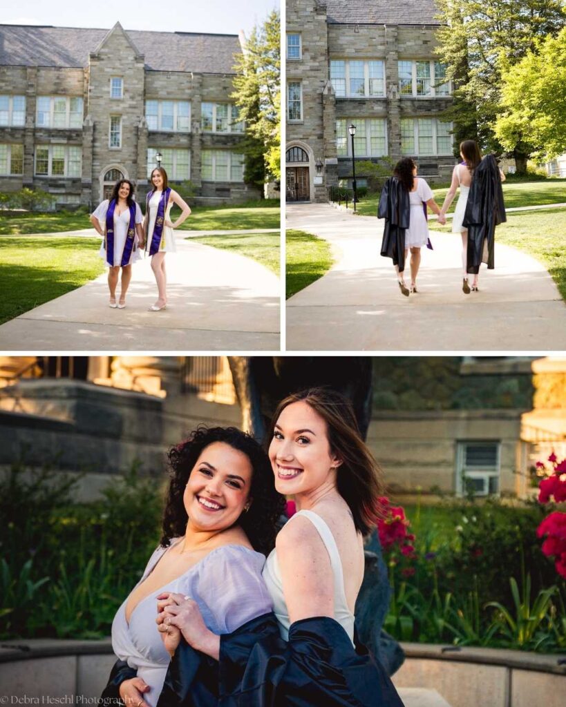 Collage of best friends Leah and Miranda walking hand in hand and laughing together during their West Chester University graduation session.