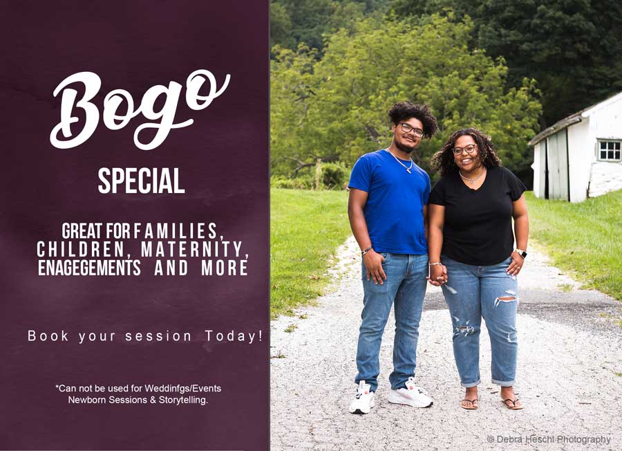 BOGO photography special ad. A smiling couple holds hands on a scenic path beside a barn. Text advertises sessions for families, maternity, and more.