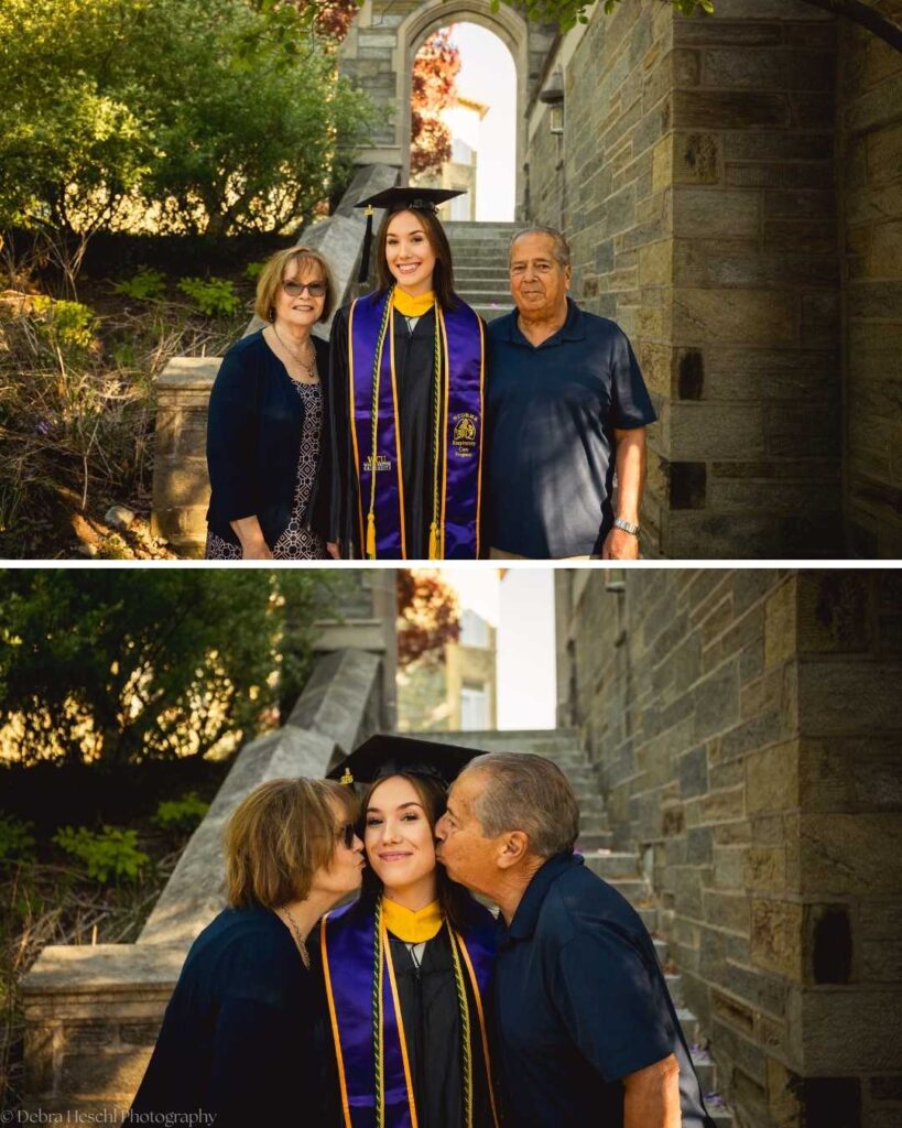 Grandparents and Leah pose together and share a kiss on the cheek near the stone archway at West Chester University graduation.