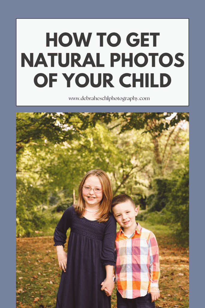 A guide titled 'How to Get Natural Photos of Your Child.' Below, a smiling girl in a navy dress and glasses stands outdoors with a young boy in a colorful plaid shirt. They are surrounded by lush greenery, conveying a warm, natural atmosphere.