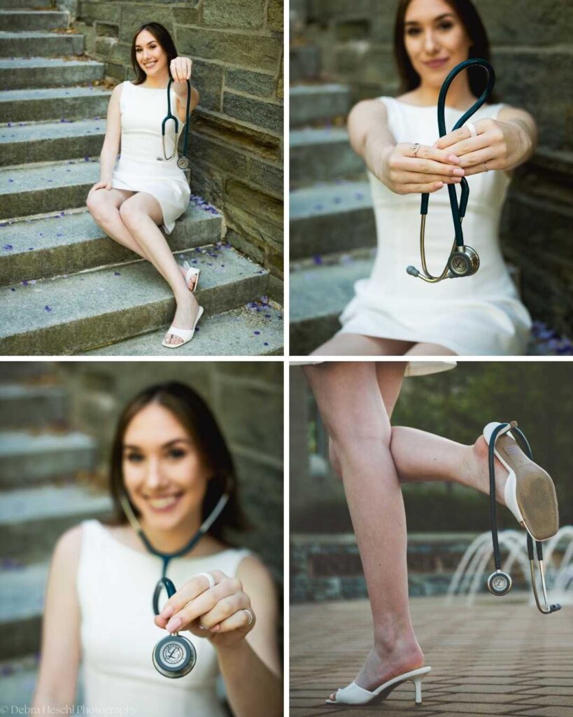 Detail shots of Respiratory Therapy graduate Leah holding her stethoscope on campus steps at West Chester University.