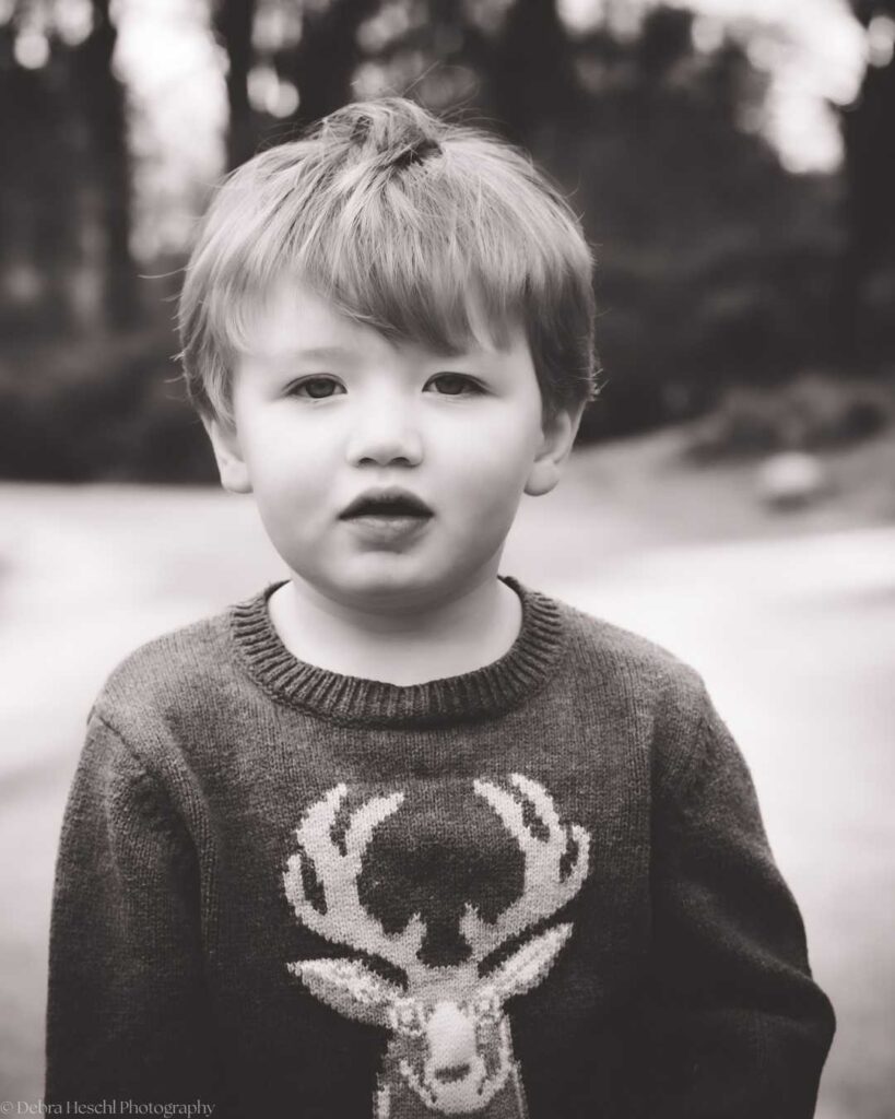 Black and white close-up portrait of a toddler boy in a reindeer sweater captured during an outdoor photography session with Debra Heschl Photography.