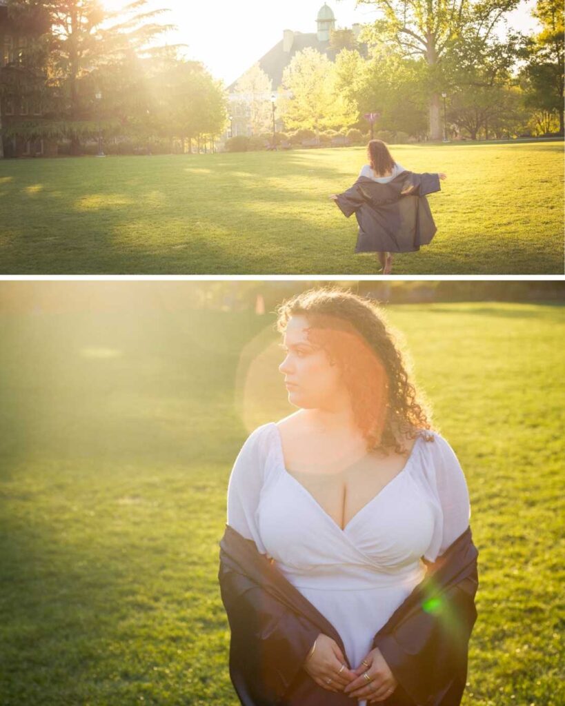 West Chester University graduate twirling in cap and gown during golden hour campus photos.