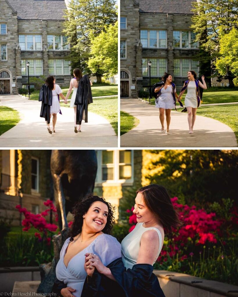 Miranda and Leah, best friends and West Chester University graduates, walking and laughing together on campus.