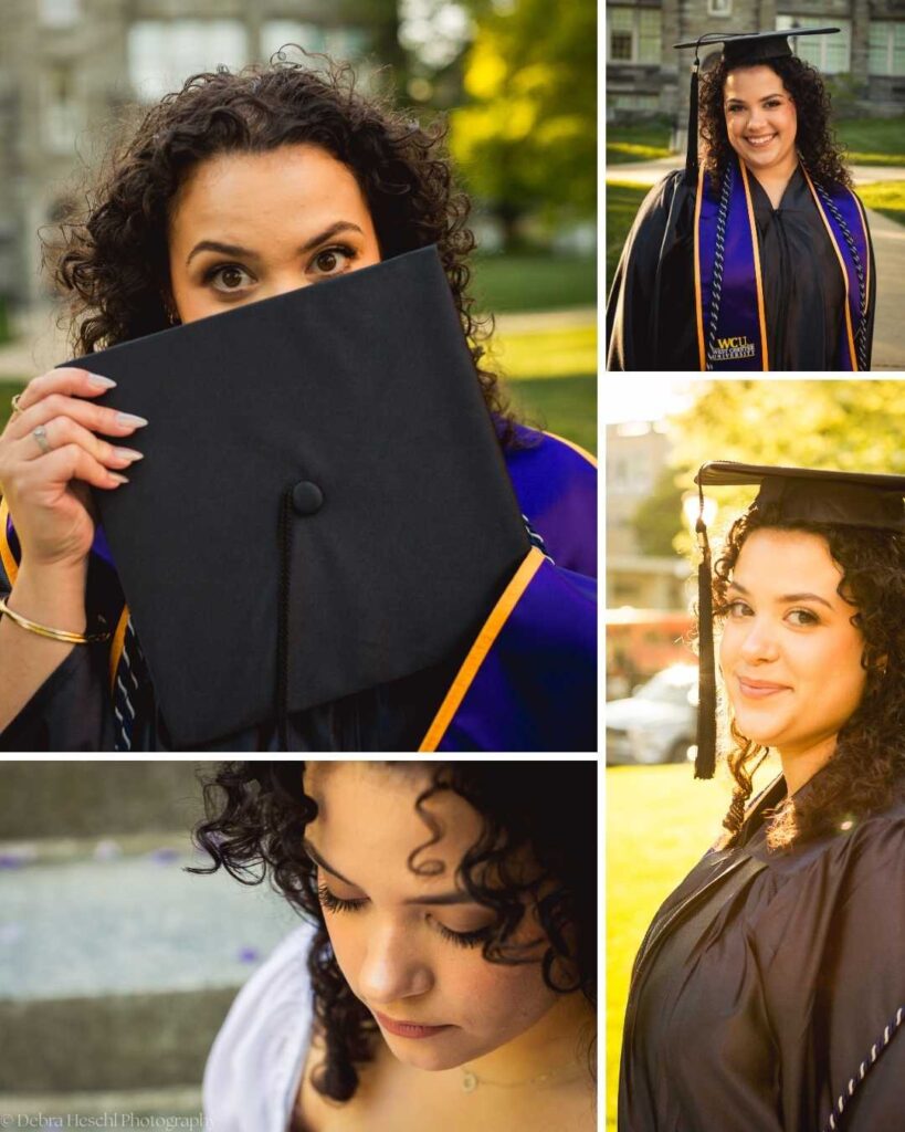 Close-up portraits of West Chester University graduate Miranda with cap and gown details.