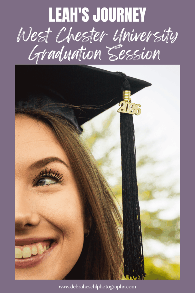 Close-up of a young woman smiling, wearing a graduation cap with a 2023 tassel. The background shows soft-focus greenery. Text reads "Leah's Journey, West Chester University Graduation Session.