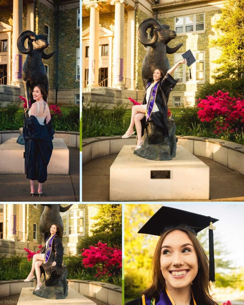 Alt text: Collage of Leah celebrating her Respiratory Therapy graduation atop the West Chester University ram statue surrounded by spring blooms.
